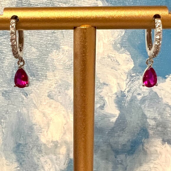 Lab Ruby Drop, Sterling Silver and CZ Huggie Hoops - stamped .925 - Picture 3 of 8